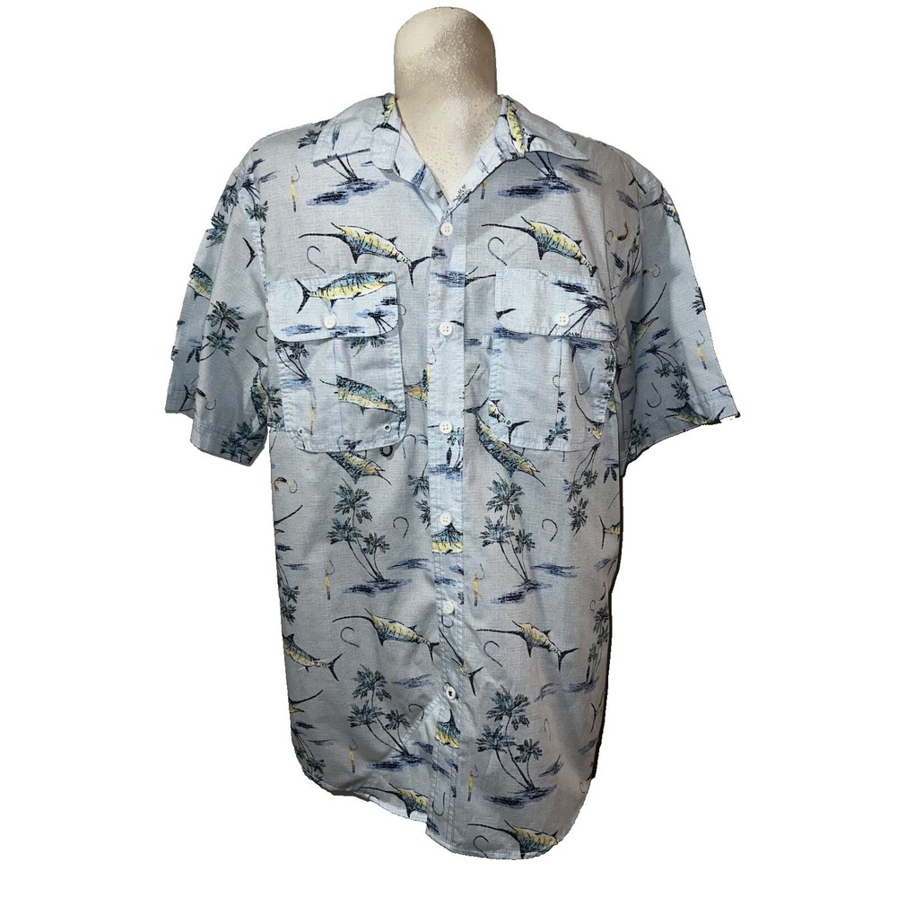 IZOD Saltwater Mens Sz L Blue Marlin Palm Tree Print Fishing Shirt Short Sleeve